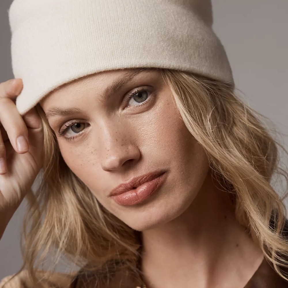 Anthropologie Cream Women's Hat- cuffless ribbed beanie